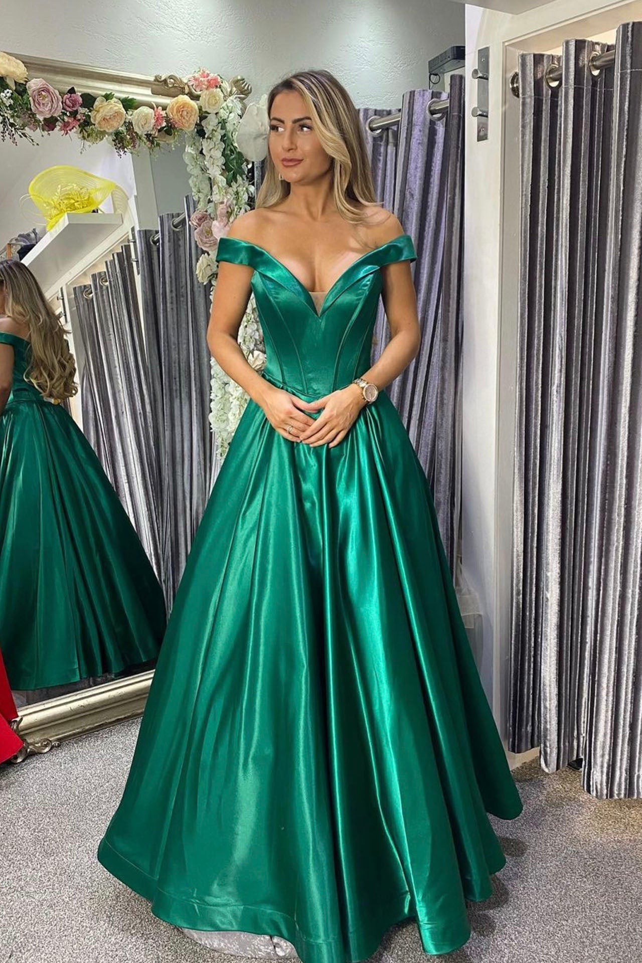 Green satin long prom dress green ...